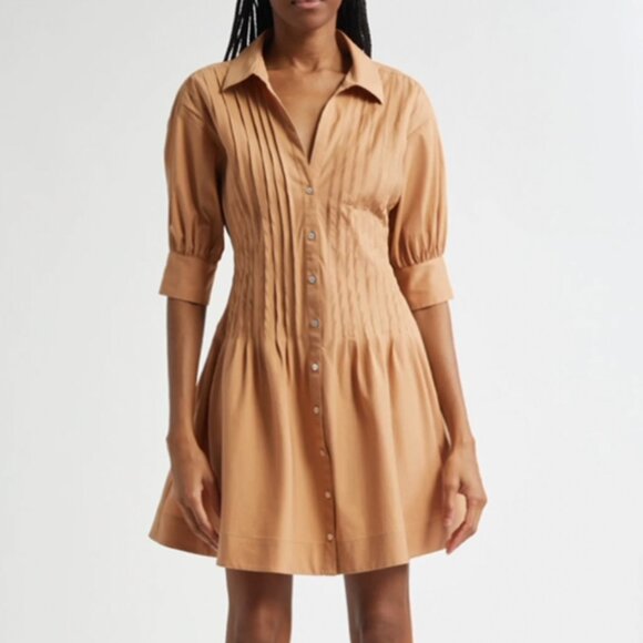 NEW Cinq a Sept 5a7 Monty Pleated Mini Shirt Dress Sahara Beige Tan Cotton Sz2 - Picture 1 of 10